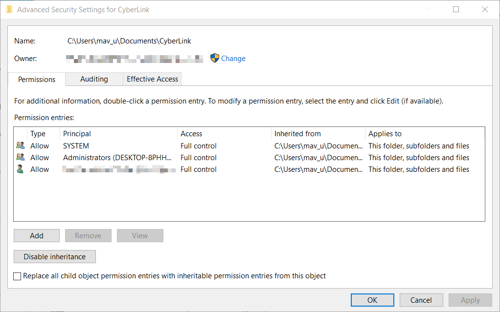 Advanced Security Settings window Access Control Entry is Corrupt’ Error on Windows