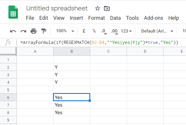 The REGEXMATCH formula an array value could not be found excel