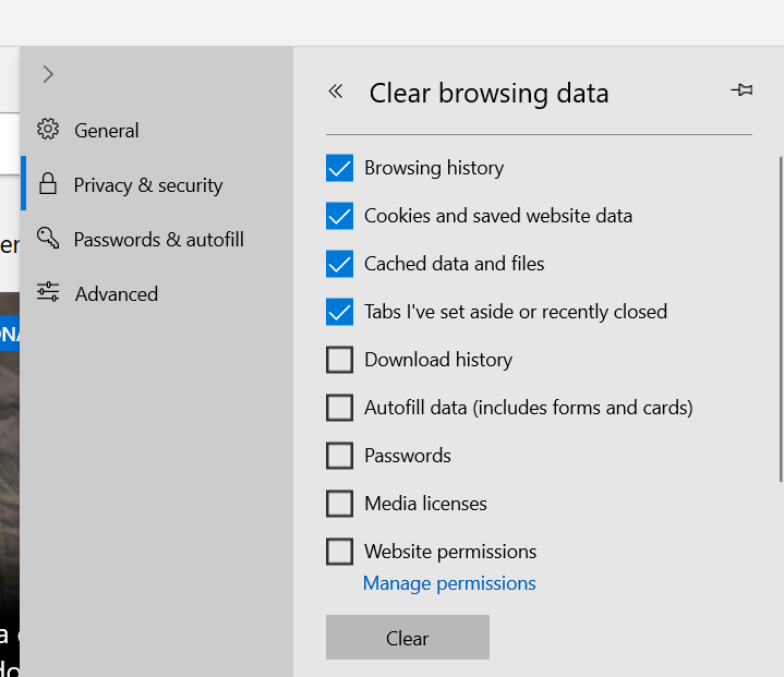 Clear browsing data options 