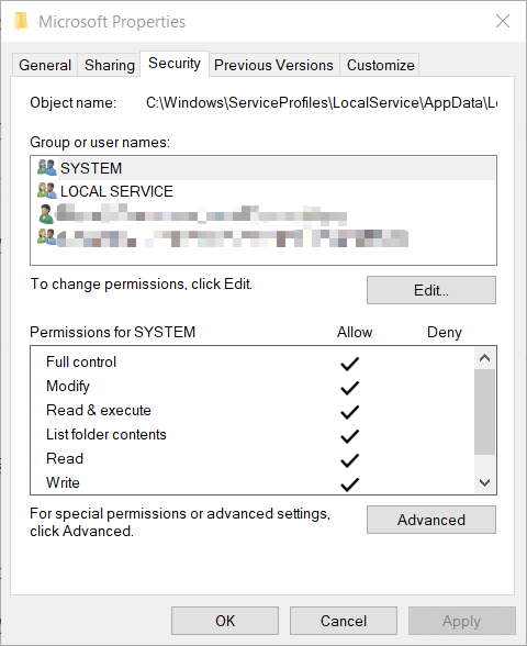 Security tab Error 0x80090016 on Windows 10