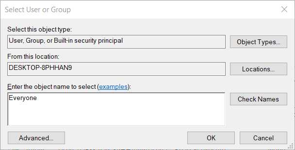 object name box Select User or Group window Error 0x80071771 on Windows 10