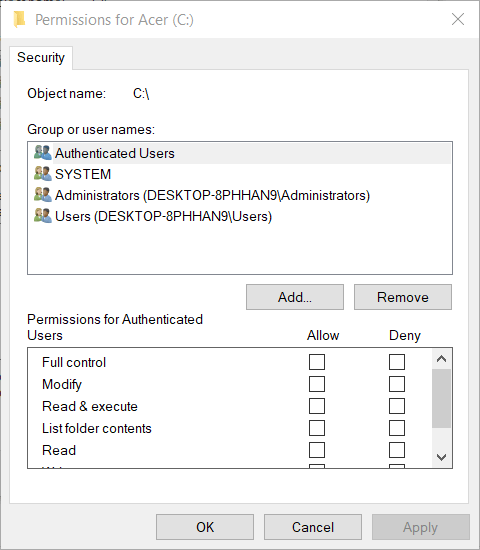 Permissions window Error 0x80071771 on Windows 10