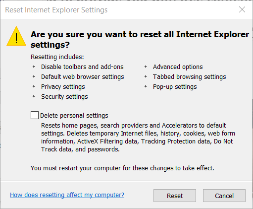 Reset Internet Explorer automation server can't create object windows 10