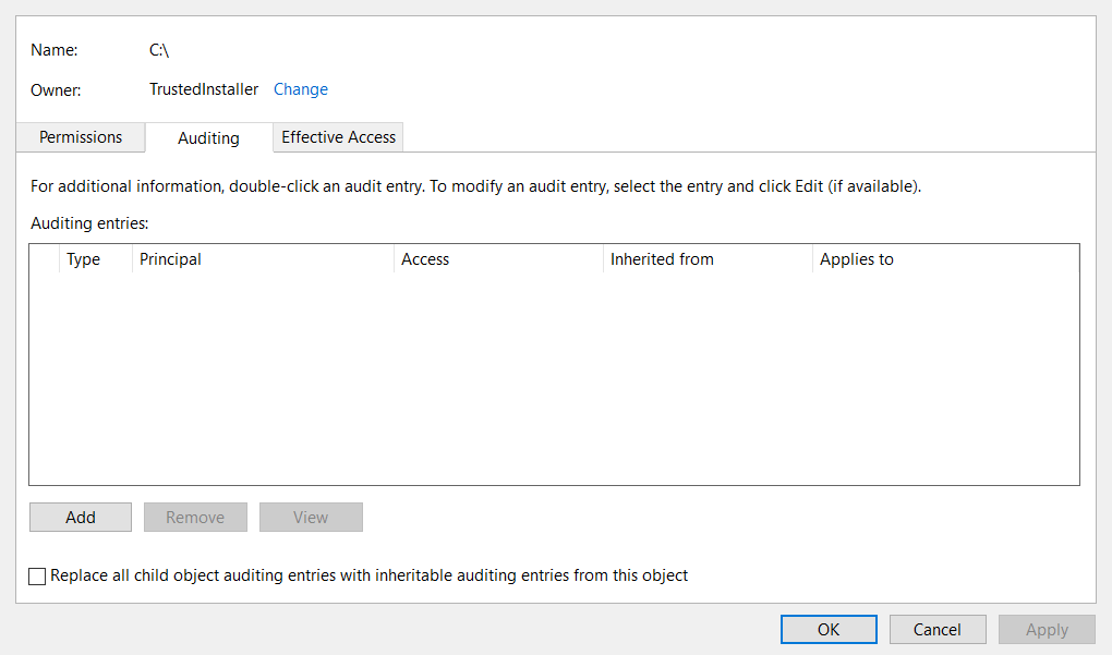 Auditing tab Error 0x80071771 on Windows 10