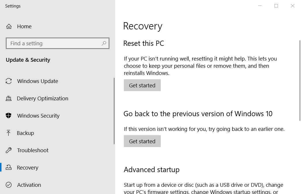 The Recovery tab Windows Update Error 0xc190011f