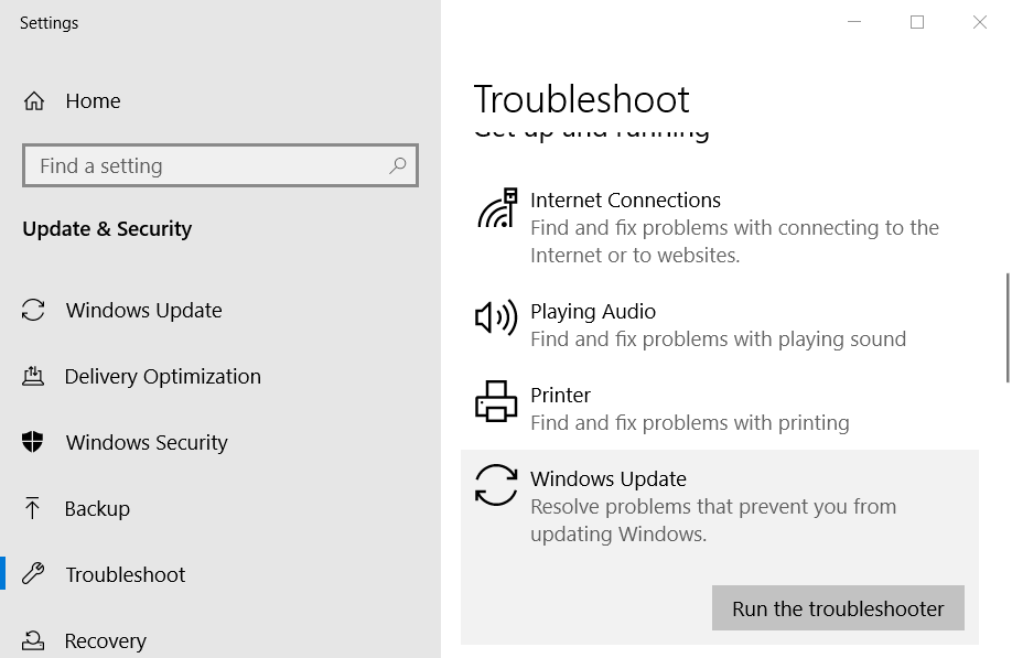 The Troubleshoot tab Windows Update Error Code 9c48