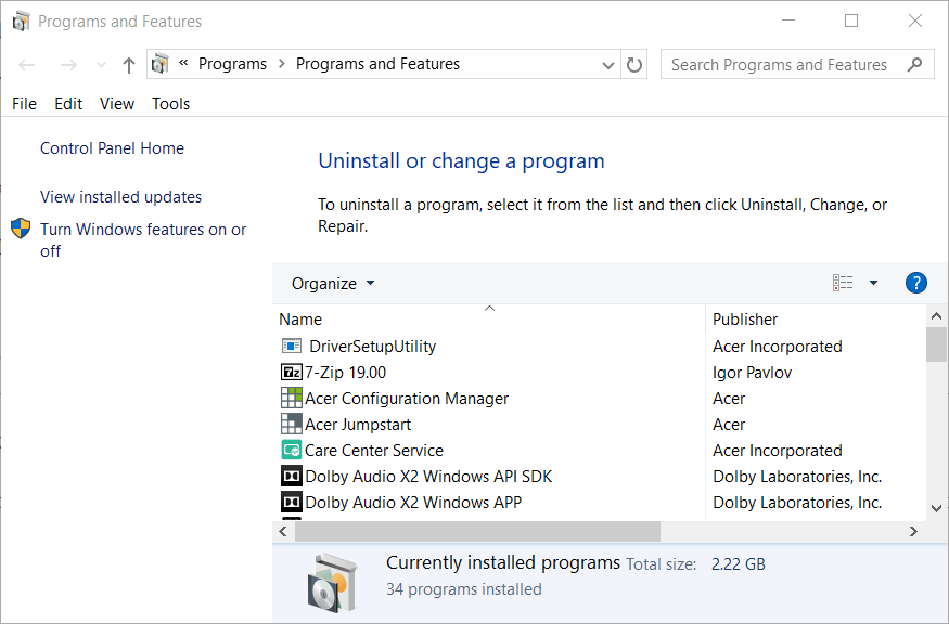 Programs and Features applet Fix Error 0x800700d8 on Windows 10