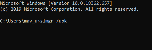 slmgr /upk command Windows 10 Activation Error 0xc0020036