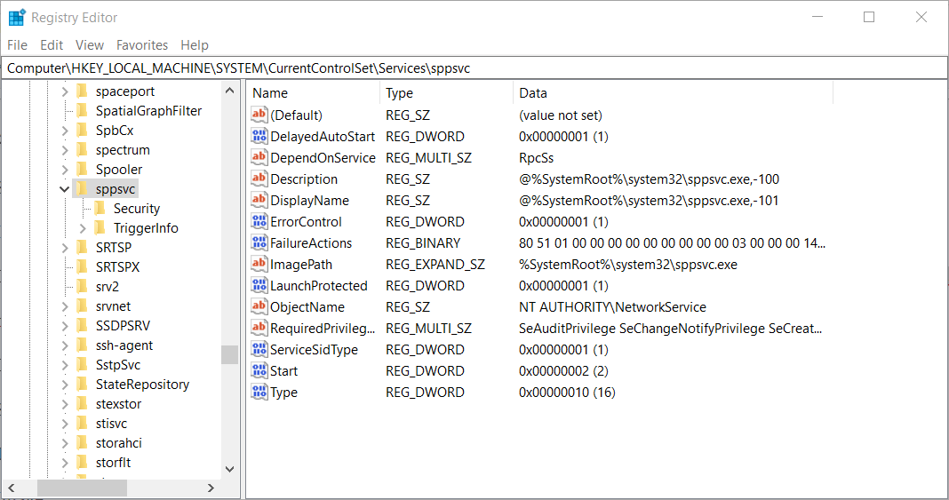 The sppsvc key Windows 10 Activation Error 0xc0020036