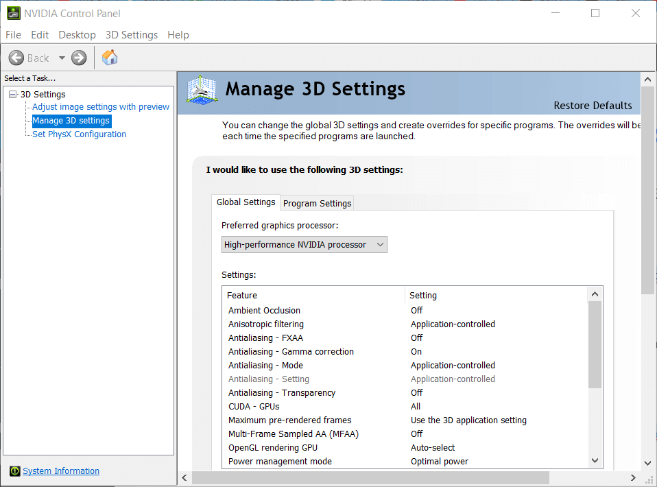 Manage 3D settings tab minecraft not using gpu