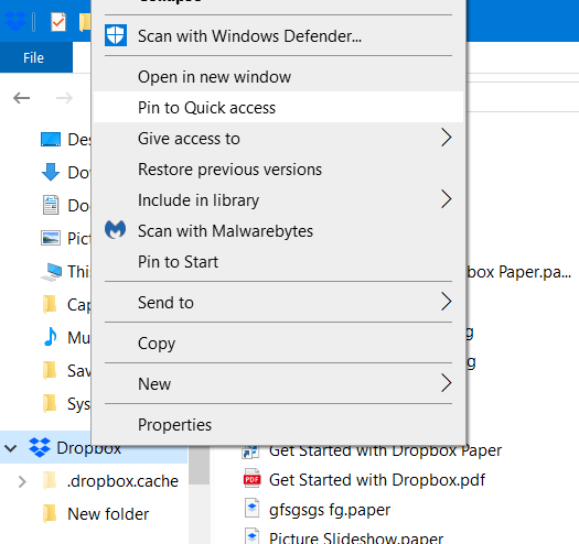 Pin to Quick access add dropbox to file explorer