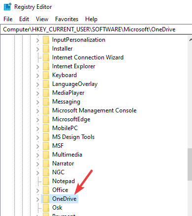 Registry editor folder - OneDrive 0x8004deb2