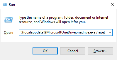 Run dialog box with reset command - OneDrive error 0x8004ded7