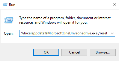 Run dialog box - OneDrive Business error 0x8004de90