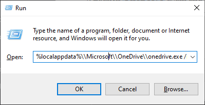 Run dialog with command - OneDrive error 0x8004de40