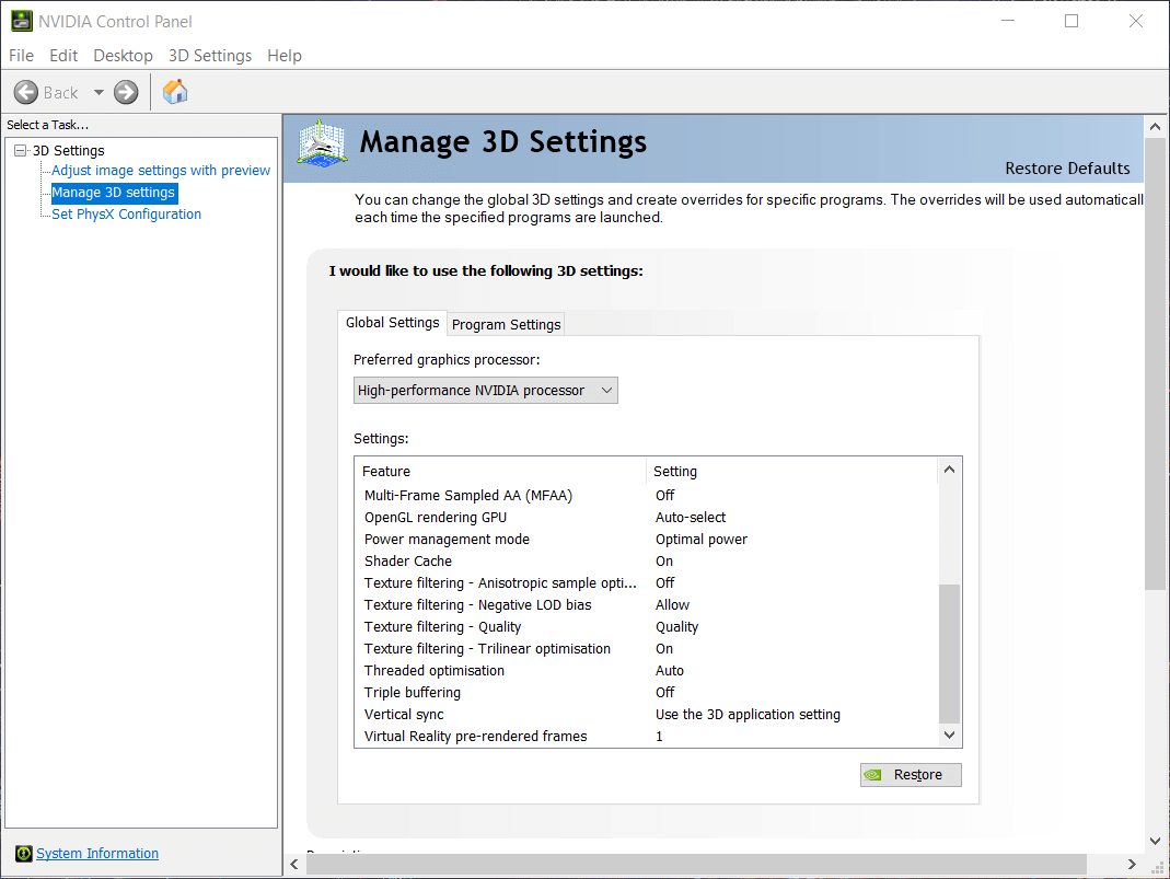 Manage 3D settings tab geforce experience preparing to install