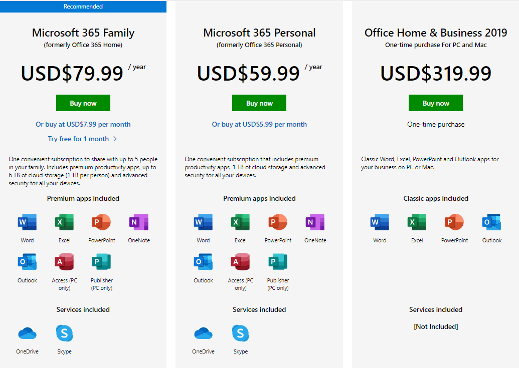 paid plans for office 365