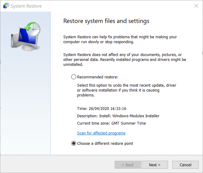 System Restore window 0x00000008