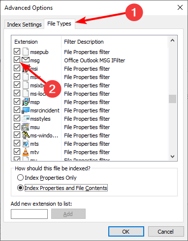 file outlook 2007 search not working windows 10