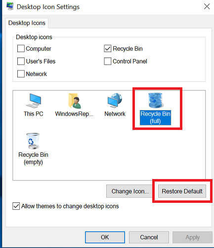 restore the default icon windows 10