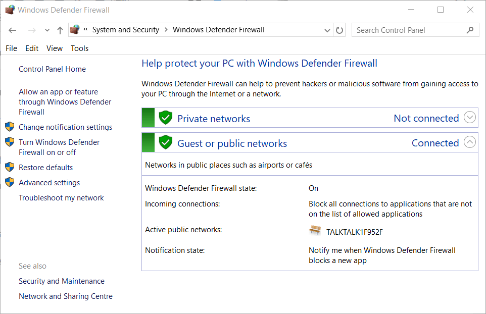 Windows Defender Firewall applet steam service error