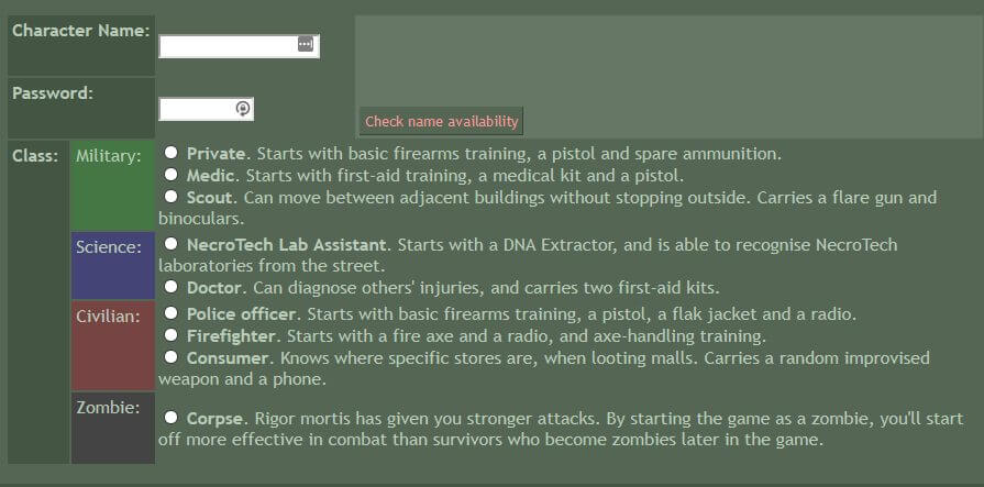 Urban Dead character creation zombie browser games