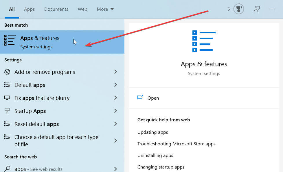 Apps and Features in Windows 10