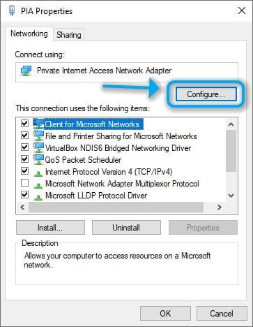 VPN adapter Configure button