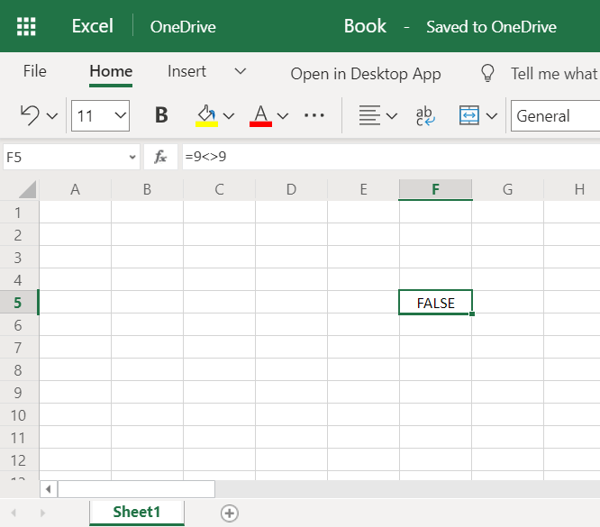 excel does not equal