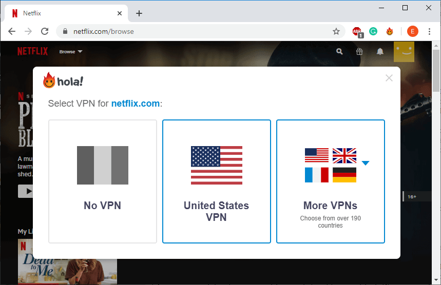 Select one of the Netflix servers provided by Hola VPN