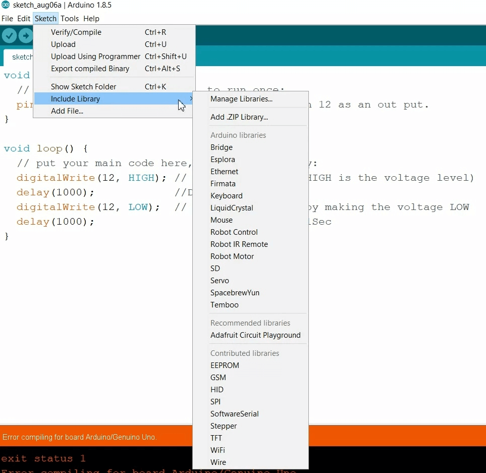 The Sketch menu error compiling for board arduino/genuino uno