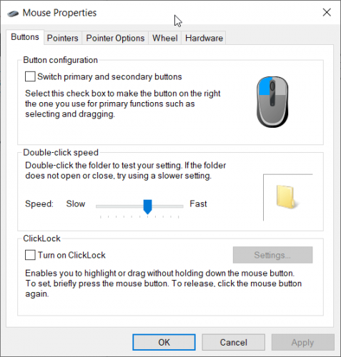 Mouse Proprieties screen