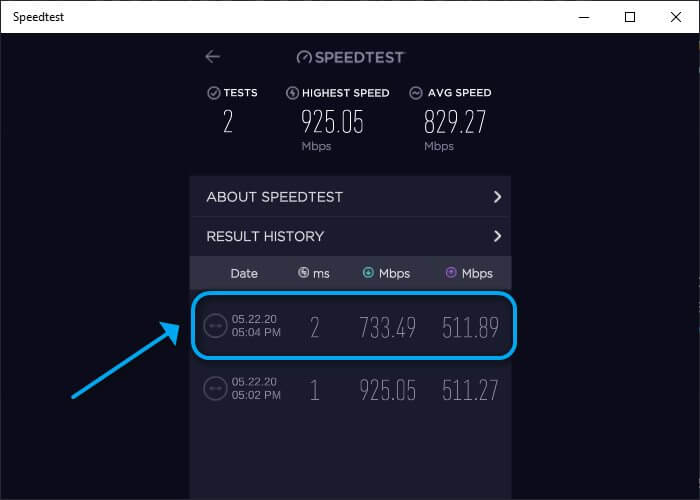 Result history Speedtest by Ookla