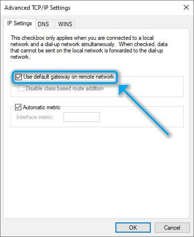 Default gateway remote network setting
