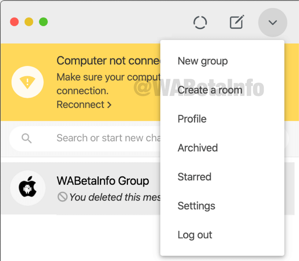 WhatsApp Web shows the Messenger Rooms shortcuts in the main menu