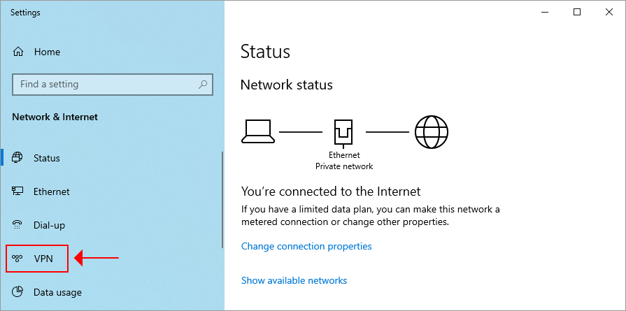 access the VPN section from Windows 10 Settings