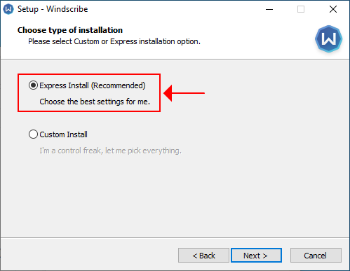select Windscribe express install