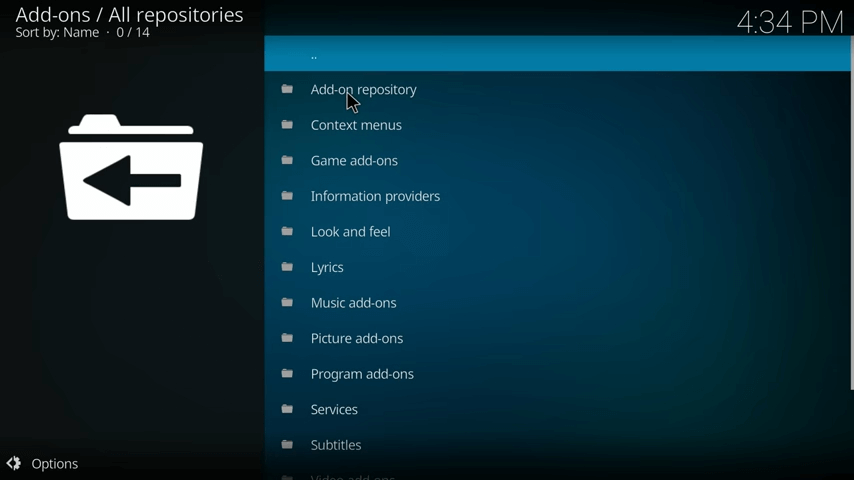 The All repositories list kodi your library is currently empty
