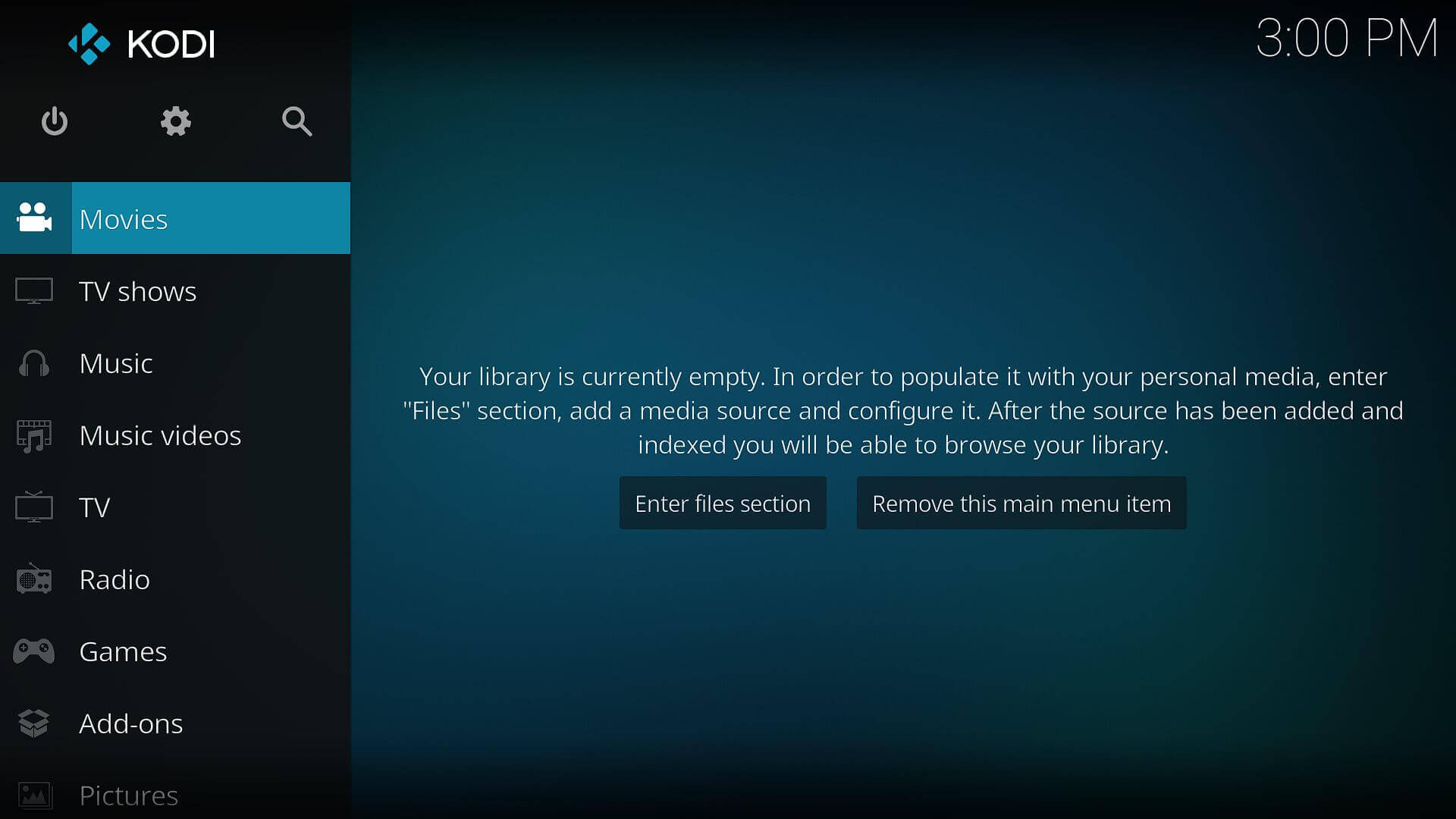 The Estuary skin kodi your library is currently empty