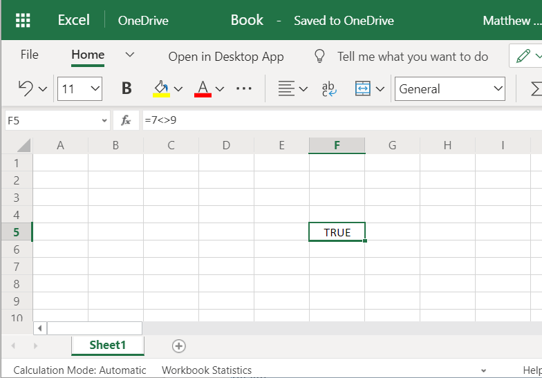 excel not equal