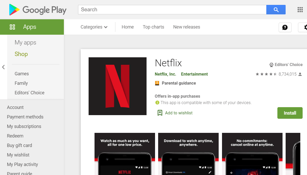 The Google Play Netflix page netflix error 1.20, 1.50