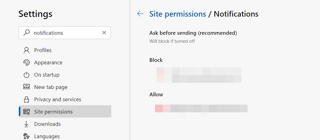 site permissions edge browser notifications