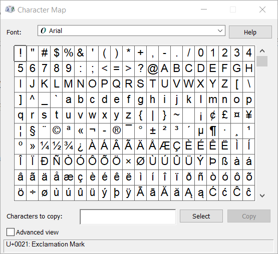 Character Map window does not equal sign