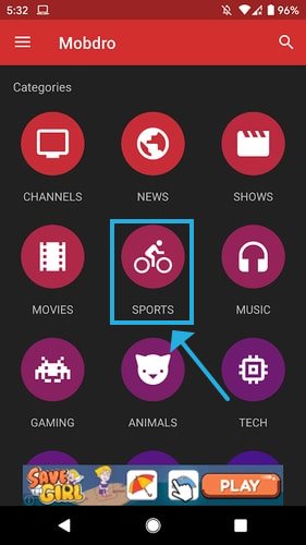 select the Sports category in Mobdro