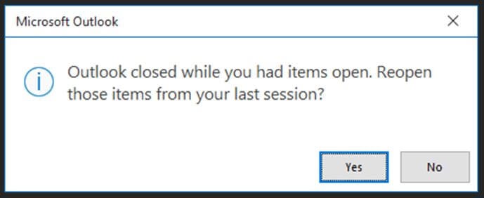 Outlook reopen closed items after restart