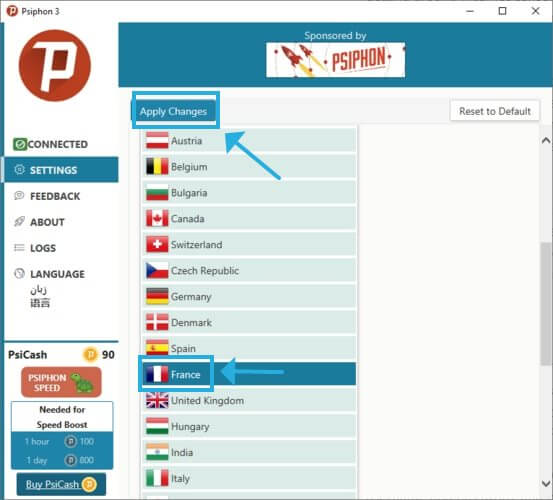 select the Psiphon France server region