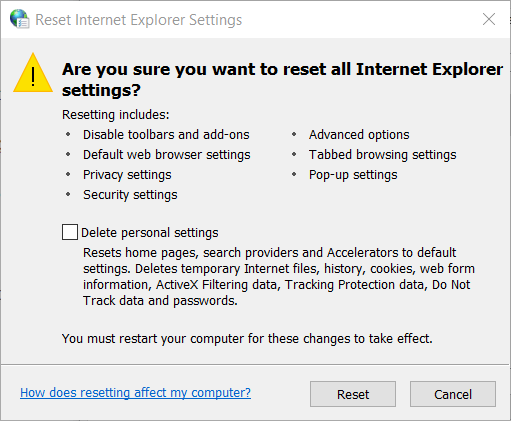 Reset Internet Explorer Settings window res ieframe.dll errors