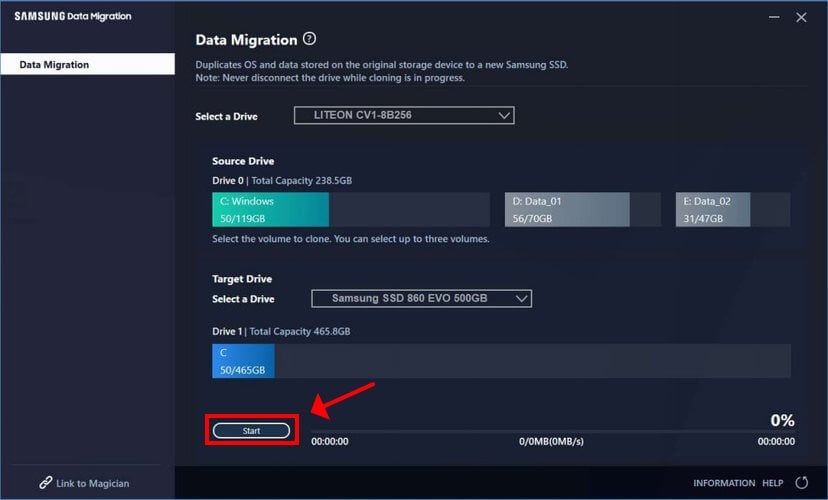 Samsung Data Migration start operation