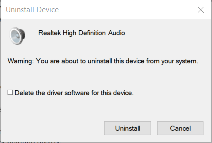 Uninstall Device window realtek hd audio manager missing