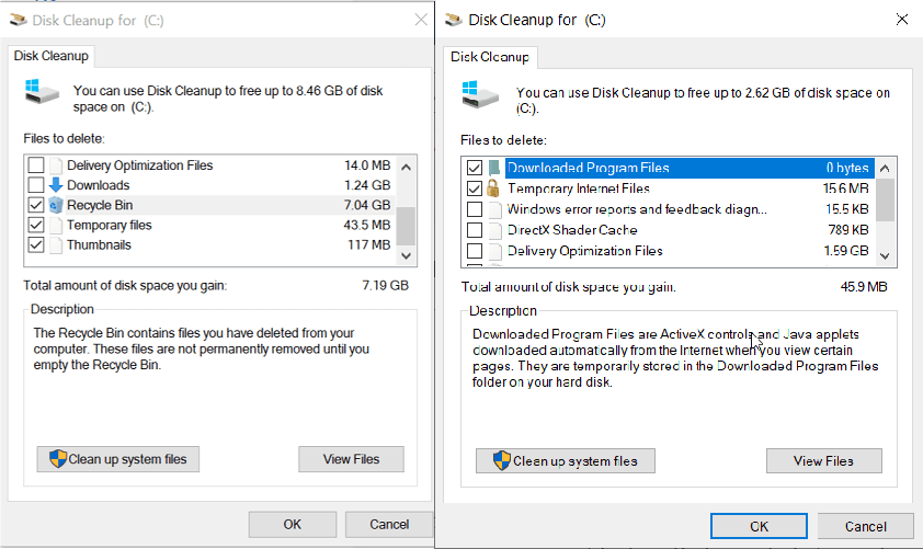 disk cleanup tool before and after